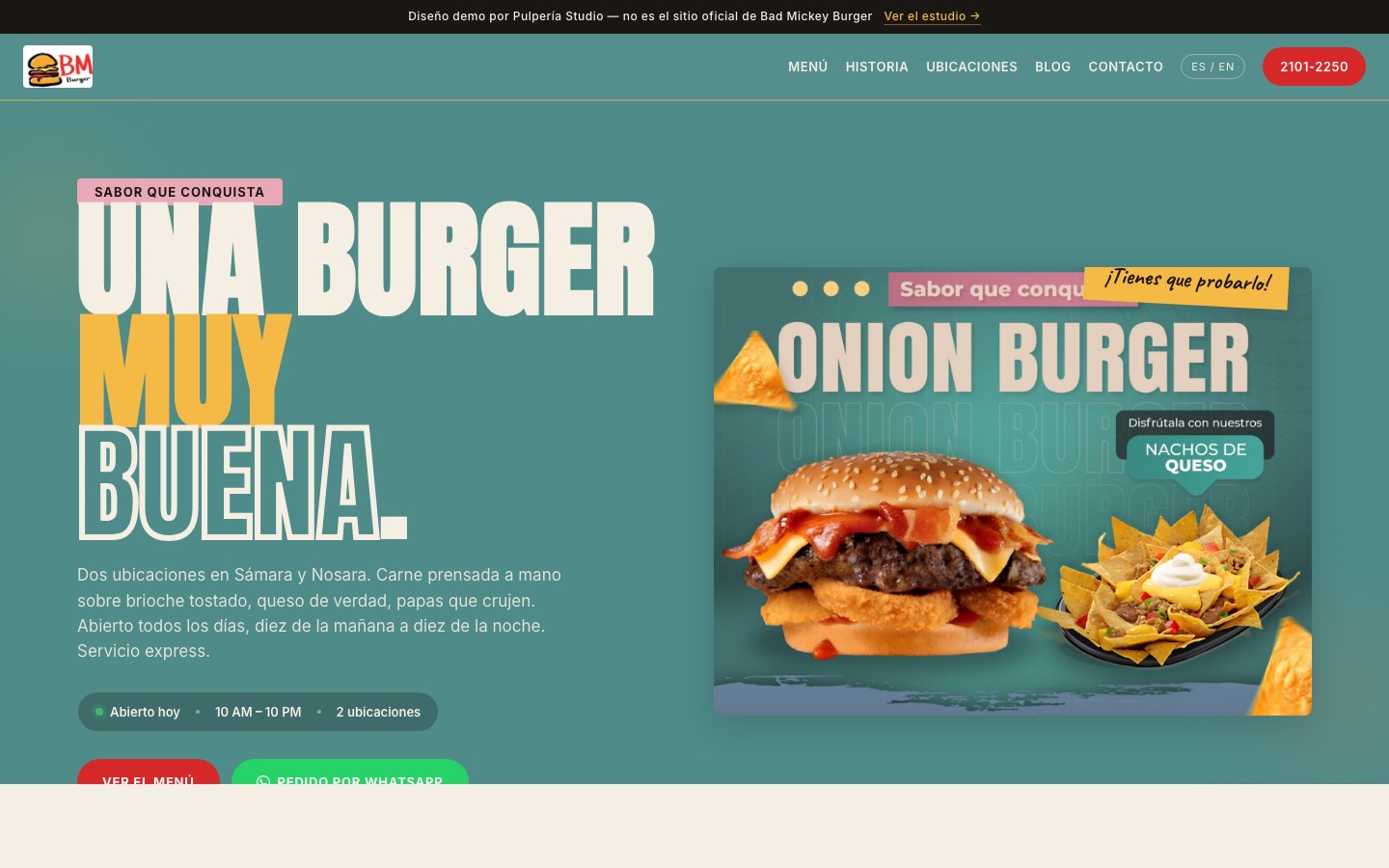 Bad Mickey Burger - sitio de restaurante de demostración de Pulpería Studio con pedidos por WhatsApp en vivo